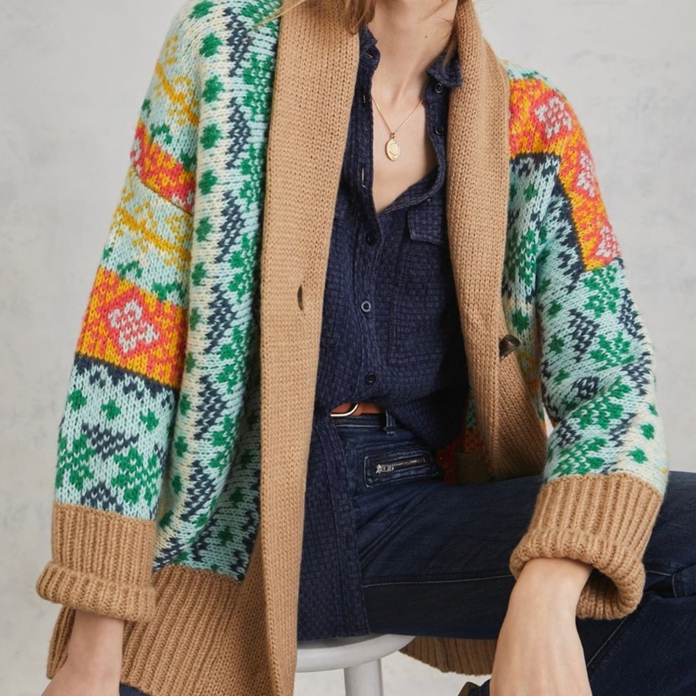 Anthropologie Carlotta Shawl Oversized Cardigan Fair Isle Sweater Sz M/L - Picture 6 of 8